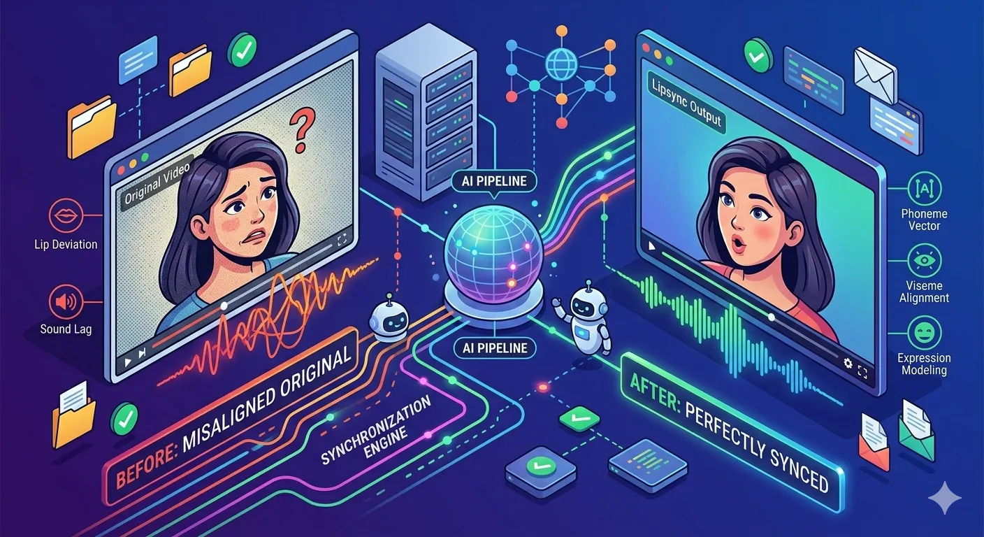 Lip sync before and after comparison illustration